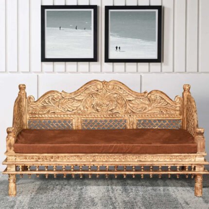 Hand-Carved Solid Wood 3-Seater Bench Sofa